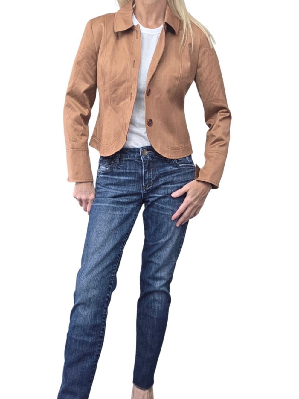 Lafayette 148 Petite 100% Silk Caramel Fitted Cropped Jacket Blazer 2P